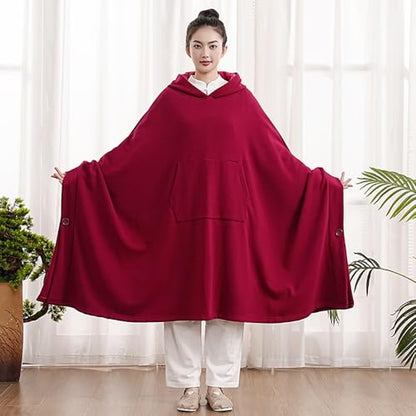 Women Men Meditation Buddhist Hooded Cloak Thickened Warm Loose Coat - color: Wine Red, size: X-Large