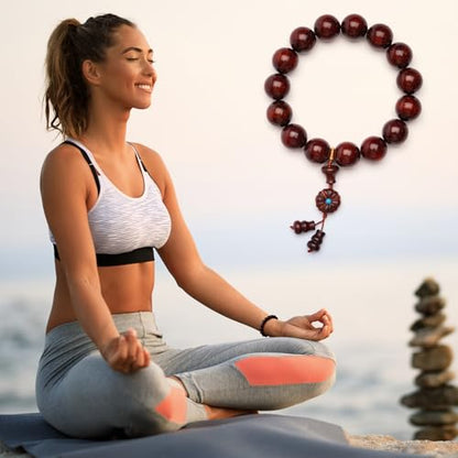 Meditaiton Men Beaded Bracelets, Handmade Sandalwood Mala Beads, Buddhist Prayer Red Wood Bracelets, Comfortable for Daily Wear Yoga Gift for Men - color: 15mm Bead with Full Golden Star