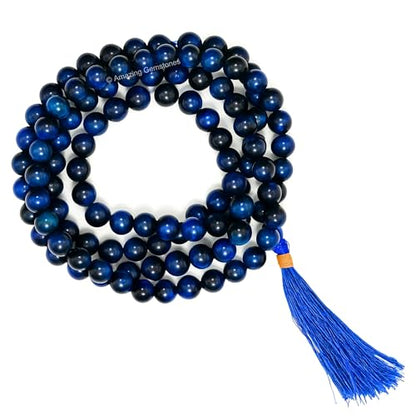 Amazing Gemstone Japa Mala 108 Prayer Beads Necklace and Wrist Mala Bracelet for Meditation - color: Blue Tiger Cats Eye, size: Without Knots