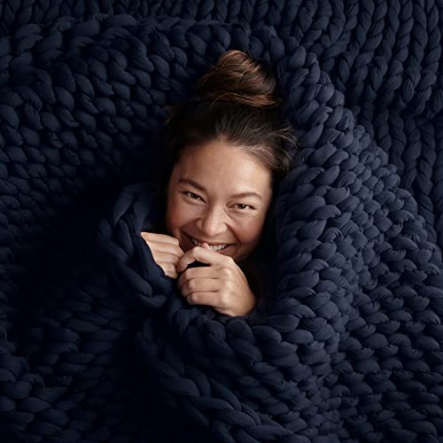 Bearaby Cotton Hand-Knit Weighted Blankets for Adults - Chunky Knit Blanket - Sustainable, Breathable, Organic, Cooling Weighted Blanket - Machine Washable (Midnight Blue, 15 lbs, 40"x72") - color: Midnight Blue, size: 15 lbs (40”x72”)