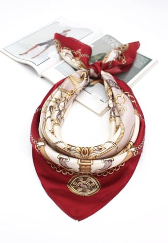 100% Pure Mulberry Silk Scarf 35" Large Square Lightweight Headscarf –Women’s Hair Wraps-With Gift Packed - color: Burgundy&brown