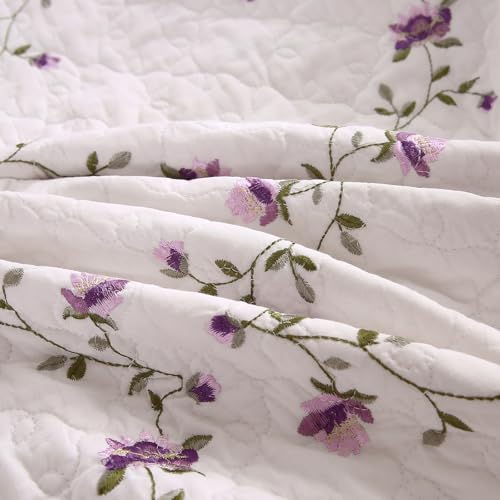 vctops 100% Cotton Quilted Throw Blanket 50x60 Inch Floral Embroidered Reversible Patchwork All Season Throw (Purple,50"x60") - color: Purple