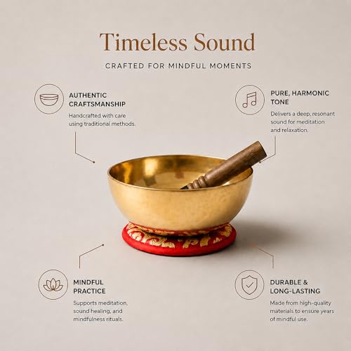 Tibetan Singing Bowl – Handcrafted Bronze Himalayan Bowl with Silk Cushion & Mallet | Made in Nepal (Harmony Cushion (Red), Medium (7 inches) - color: Harmony Cushion (Red), size: Medium (7 inches)