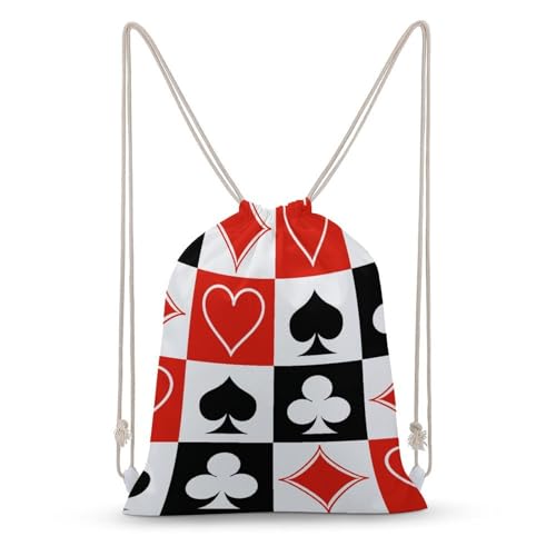 Suits Hearts Diamonds Clubs Spades Grid Poker Playing Cards Portable Canvas Drawstring Backpack with Drawstring Pockets 35x50cm - color: Suits Hearts Diamonds Clubs Spades Grid Poker, size: 35x50cm