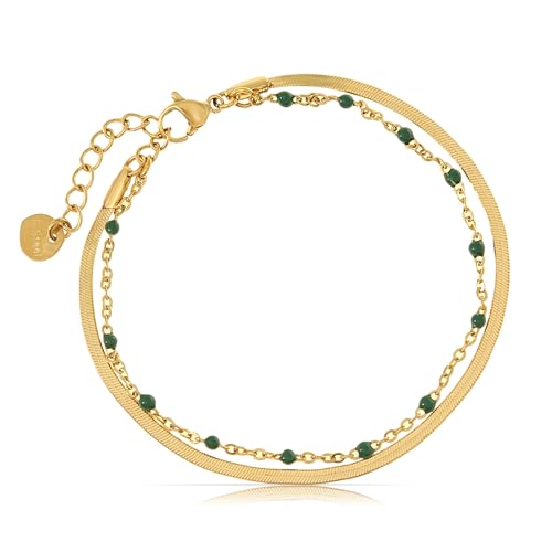 Made by Nami Dainty Gold Link Bracelets for Women Adjustable Double Layered Gold Chain Bracelet with Colorful Beads 7.5" + 2" Chain Extension - color: Green