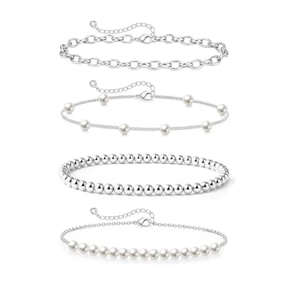 Zeffy Gold Pearl Beaded Bracelet for Women, 14K Gold Plated Jewelry Set With Paperclip Link Chain, Trendy Stack Bracelets - style: 4PCS Silver Pearl Beaded Stackable Bracelets