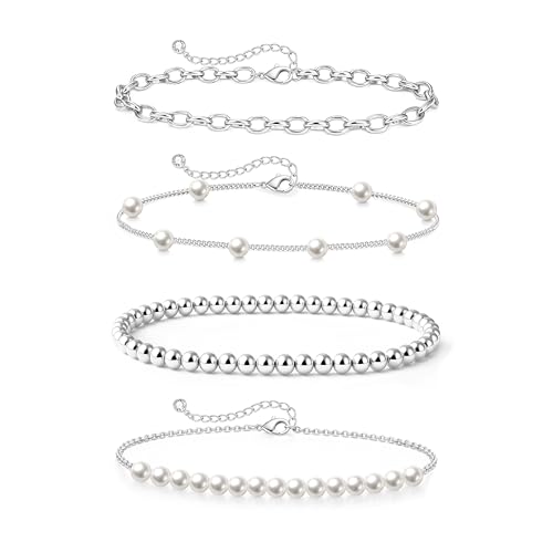 Zeffy Gold Pearl Beaded Bracelet for Women, 14K Gold Plated Jewelry Set With Paperclip Link Chain, Trendy Stack Bracelets - style: 4PCS Silver Pearl Beaded Stackable Bracelets