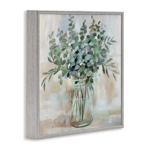 Stupell Industries Soothing Eucalyptus Flower Herb Arrangement Rustic Jar Framed Wall Art, Design by Nan - color: Farmhouse Gray (Textured), size: 24"L x 24"W, style: Framed Giclée (1.5"D)