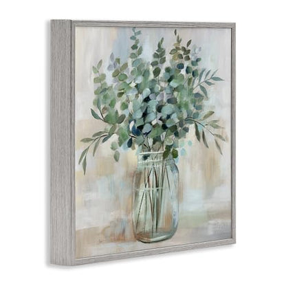 Stupell Industries Soothing Eucalyptus Flower Herb Arrangement Rustic Jar Framed Wall Art, Design by Nan - color: Farmhouse Gray (Textured), size: 24"L x 24"W, style: Framed Giclée (1.5"D)