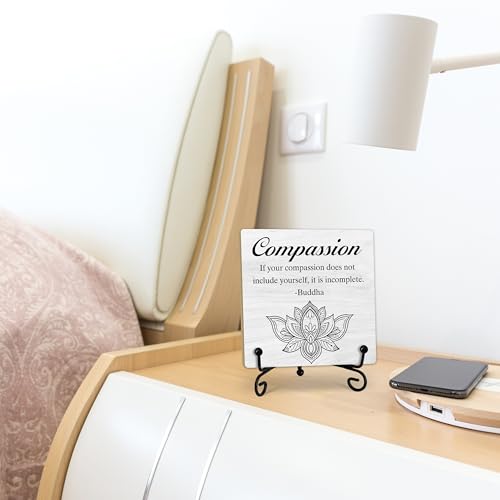 Buddha Compassion Quote Desk Decor, Funny Office Inspirational Gifts for Family Friends, Meditation Room Tabletop Decor, Zen Home Office Wooden Plaque Sign with Stand (J01) - style: Compassion