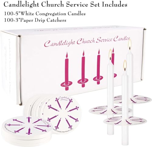 YOROXRG 200 pcs Church Candles with Drip Protectors for Devotional Candlelight Vigil Service, Unscented White 5" H X 1/2" D, No Smoke, Shabbat, Praye - color: White-5" 200