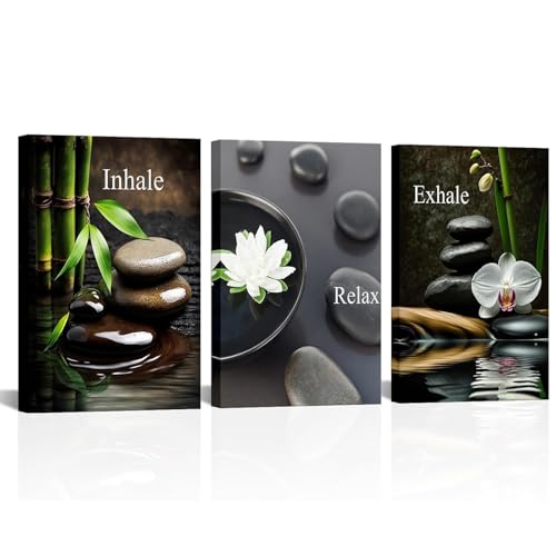 FuShvre Zen Wall Art for Bathroom Zen Stone Bamboo Lotus Orchid Flower Pictures Still Life Wall Decor Framed 16x24 inch each piece (medium) - size: 24"L x 16"W