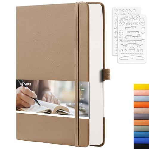 EMSHOI Dotted Journal Notebook, 256 Pages, 120 GSM Thick Paper, A5 Small 5.75"x8.38", PU Leather Hardcover, 5mm Dot Grid Notebook for Journaling, Planning, Drawing, Writing, Khaki - color: Khaki, size: A5-Dotted