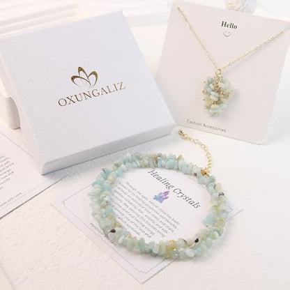 2Pcs Crystal Necklace for Women Handmade Choker Necklaces Pendant Necklace Natural Stone Gemstone Beaded Necklace 18k Gold Plated Adjustable Dainty Necklace for Women - color: Amazonite