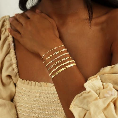 DEARMAY Gold Bracelets for Women Waterproof, 14K Gold Plated Stackable Jewelry Sets Non Tarnish Trendy Thin Dainty Cuban Link Paperclip Chain Bracelet Stack Fashion Accessories Gifts for Womens - style: 5Pcs BRACELET F