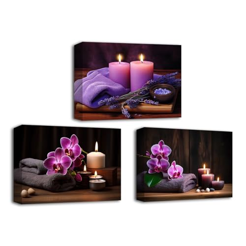 CXHOSTENT Pictures Wall Art 3 Panels Purple Orchid Lavender Candle and Bath Towel Canvas Prints Meditation Painting for Yoga Spa Decor (Zen-2, 16.00"x24.00"x3P) - color: Zen-2, size: 16.00"x24.00"x3P