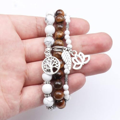 Tree of Life Yoga Healing Stone Bracelets,Multilayer Lotus Chakra Stone Reiki Bracelet Sets,Anxiety Crystal Natural Stone,for Women Stress Relief - style: White turquoise+Tiger's Eye stone