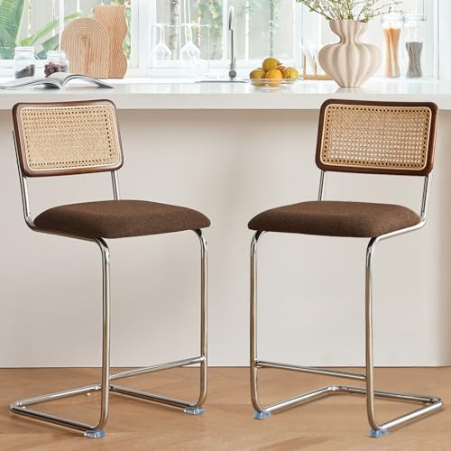 Natural Rattan Counter Height Stools Set of 2 with Solid Wood Back, 24 Inch Mid Century Modern Cesca Bar Stools, Brown Upholstery Boho Stool for Kitchen Counter with Chrome Metal Legs - color: Brown, size: 2PCS-24'' Counter Height Stool