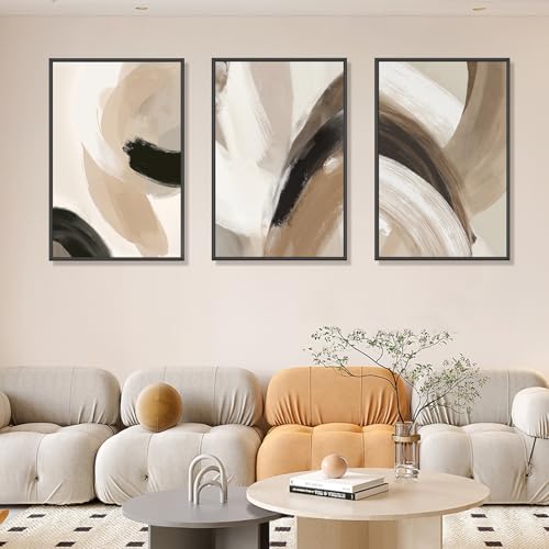 Neutral Abstract Wall Art Set of 3 Framed Canvas Prints, 16x24 Inch Modern Beige Black Abstract Paintings with Gold Accents, Minimalist Wall Decor for Living Room Bedroom Dining Room, Metal Frame Ready to Hang - color: Earthy Curves, size: 24"L X 16"W