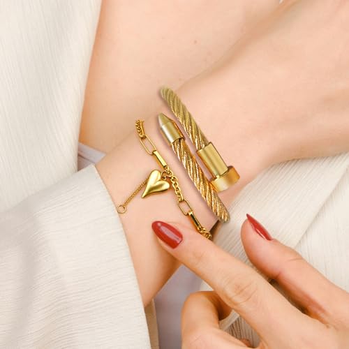 2PCS 18K Gold Plated Nail Bangle & Chain Bracelet Set for Women, Adjustable Stackable Bangle Jewelry, Dainty Gold Bracelet Gift for Women - color: Set J