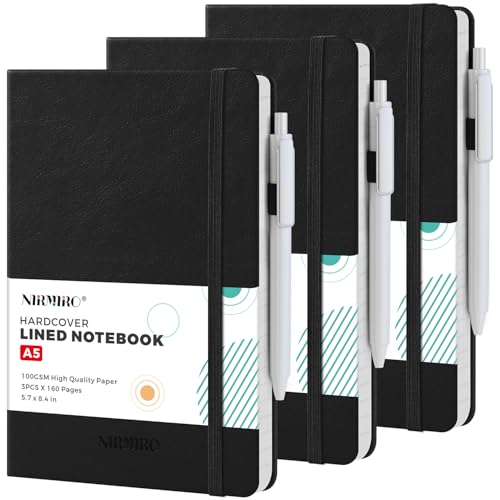 (3 Pack) Lined Journal Notebook with Pen, A5 (5.7"x8.4") Leather Hardcover Journaling Notebooks for Women Men Work, 160 Pages per Note Book, 100GSM Paper, School Office Supplies, Black - color: 3 Black, size: A5