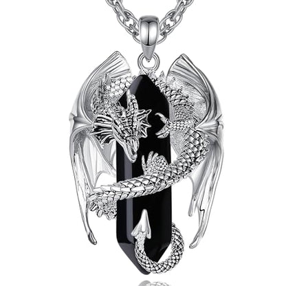 INFUSEU Unique Dragon Necklaces with Healing Crystal Stone for Men Women, Personalized Spiritual Gifts, 24 Inch Chain - color: Black Obsidian