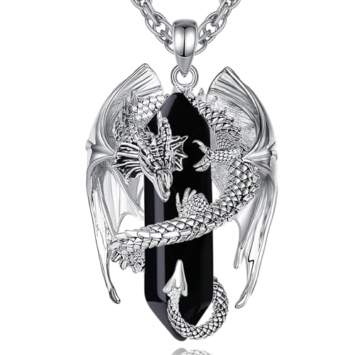 INFUSEU Unique Dragon Necklaces with Healing Crystal Stone for Men Women, Personalized Spiritual Gifts, 24 Inch Chain - color: Black Obsidian