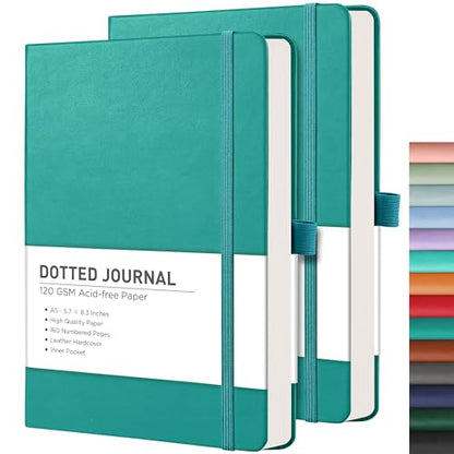 RETTACY Dotted Journal Notebook, 2-Pack, 160 Numbered Pages per Pack, A5 Medium Size (5.7'' x 8.3''), 120 GSM Thick Paper, Leather Hardcover, for Journaling, Planning, Tracking (Cyan & Cyan) - color: Cyan & Cyan, style: Dotted