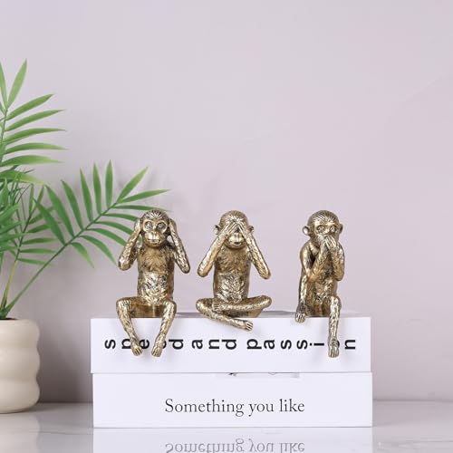 DOVDOV Three Wise Monkeys Statue Set: Hear No Evil, See No Evil, Speak No Evil Monkey Sculpture Gold Home Decor for Bookshelves, Offices, Living Room Coffee Tables, and Partition Decor Small Figurine