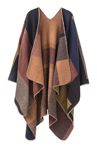 Urban CoCo Women's Color Block Shawl Wrap Open Front Poncho Cape - color: Series 1-khaki