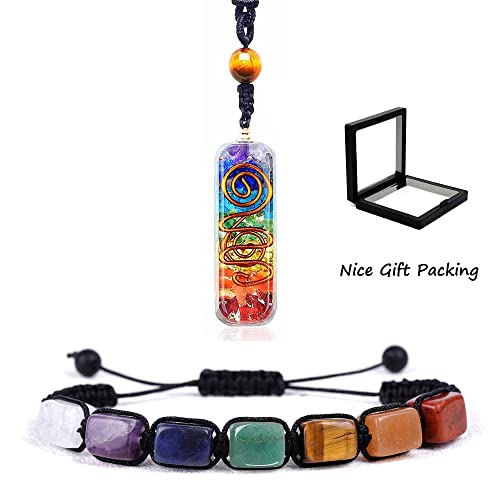 7 Chakra Pendant Necklace Healing Bracelet Set Orgone Energy Protection Necklace Yoga Adjustable Bracelet for Women Men