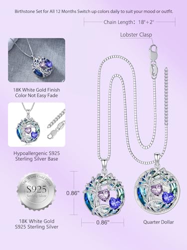 TOUPOP s925 Sterling Silver Family Celtic Tree of Life Pendant Necklaces with 2 Heart Birthstone with Blue Austrian Crystal Jewelry Birthday Valentines Day Gifts for Her, Anniversary Christmas Gifts for Wife Girlfriend Mom (18K Real White Gold Filled) - c