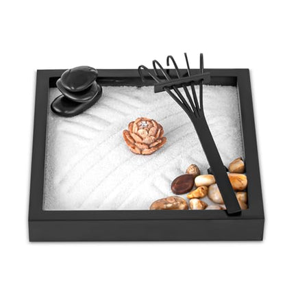 Mini Zen Garden Kit for Desk 6x6 inch with Wooden Lotus Flower, 3 Zen Stones, Pebbles, Home Office Desk Decorations (Wooden Lotus Flower)