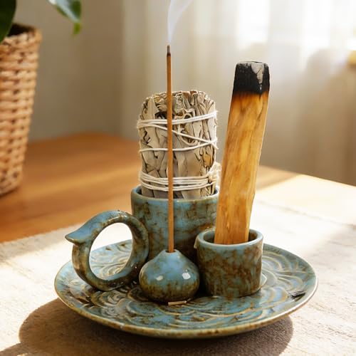 4-in-1Blue Ceramic Palo Santo Burner Holder - Small Incense Burner & Smudge Tray Bowl for Incense Sticks/Cones & Sage - Ideal for Meditation Rooms,Zen and Aromatic Scents - Matches Compatible - color: Palo-incense-dish-blue