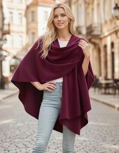Womens Open Front Poncho Sweater Wrap Topper Knitted Elegant Shawls Cape for Spring Fall Winter - color: Series 1-burgundy