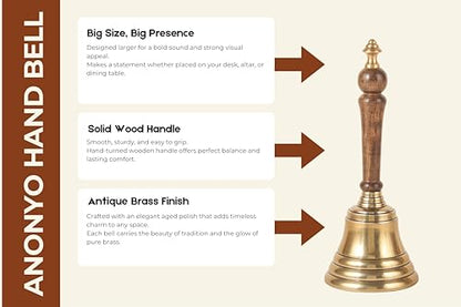 Hand Bell with Antique Brass Finish and Wooden Handle – Perfect for Weddings, Schools, Games, Reception Desks, Religious Ceremonies & Events – 3” Diameter, 8” Height