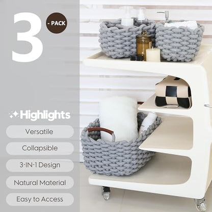 Sea Team 3-Pack Rectangle Woven Cotton Rope Storage Baskets with Handles, Shelf Basket, Closet Organizers, 3-in-1, Gray