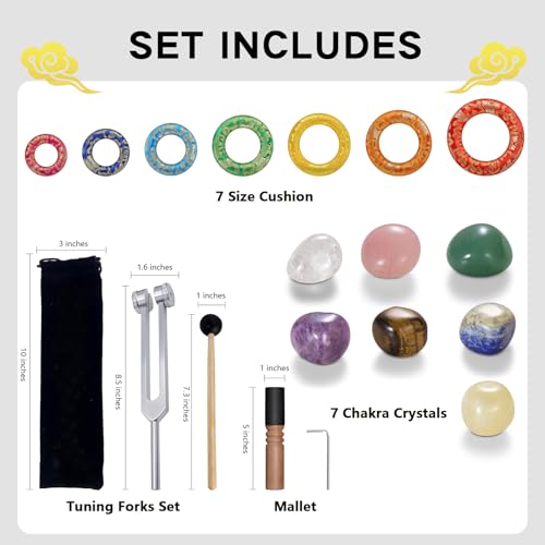 18 Pcs Singing Bowl Cushion Set for 6-12" Tibetan Singing Bowls, 7 Rainbow Silk Round Cushion, WoodMallet,128Hz Tuning Fork Kit, 7 Chakra Stones - for Meditation Sound Healing and Crystal Sound Bowls