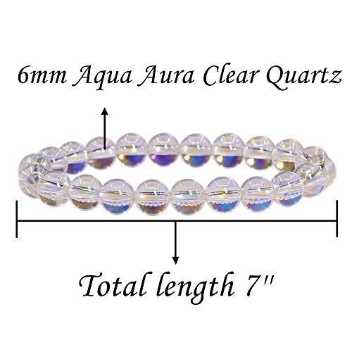 Angelstones Handmade Natural Healing Gemstone 6mm Round Beads Stretch Crystal Bracelet 7 Inch Unisex - color: Aqua Aura Clear Quartz