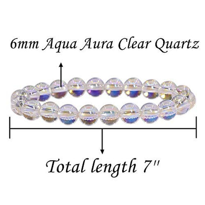 Angelstones Handmade Natural Healing Gemstone 6mm Round Beads Stretch Crystal Bracelet 7 Inch Unisex - color: Aqua Aura Clear Quartz