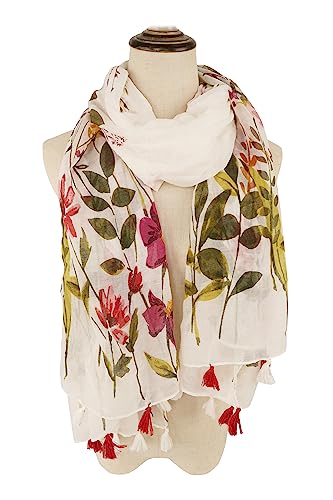 YOUR SMILE Large Boho Scarf for Women Lightweight Floral Printed Scarves Fall Winter Fashion Fringed Shawl wraps - color: 08 White/Pink Floral