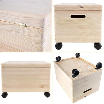 Creative Deco XXL Large Plain Wooden Box Storage with Hinged Lid & Wheels | 15.8x11.8x9.44 inches (+-0.5) | Handles | Unpainted Gift Tool Dog Toy Clothes Kitchen Storage | Rough UNSANDED
