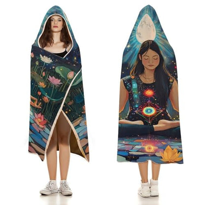 Seven Chakra Yoga Meditation Wearable Blanket Warm Cozy Throw Blanket Oversized Hooded Cape for Men Women - size: 50"x60"