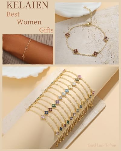 Birthstone Gold Clover Bracelet Dainty 14K Gold Plated Cute Friendship Stackable Bracelets for Women No Tarnish Trendy Charm Best Friend Bracelet Stack for Birthday Jewelry - color: 01. January(Garnet)