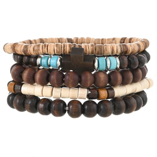 5pcs Wooden Bead Bracelet Set with Charm and Tassel for Men & Women - Stackable Boho Bracelets, Amber Color Scheme Adjustable Bracelet - color: Brown Blue White