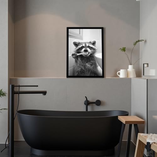 SYWENNOI Framed Black and White Bathroom Canvas Wall Art, Funny Raccoon Brushing Teeth Wall Decor, Farmhouse Humor Animal Art Prints for Restroom Decoration Ready to Hang 16x24 Inches
