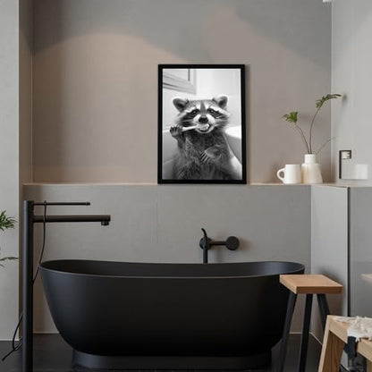 SYWENNOI Framed Black and White Bathroom Canvas Wall Art, Funny Raccoon Brushing Teeth Wall Decor, Farmhouse Humor Animal Art Prints for Restroom Decoration Ready to Hang 16x24 Inches