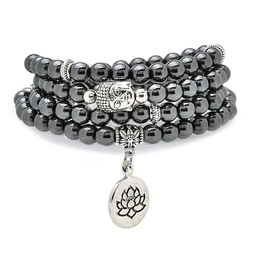 6mm 108 Mala Beads Bracelet, Yoga Zen Necklace with Buddha and Lotus Charm for Prayer - style: Hematite