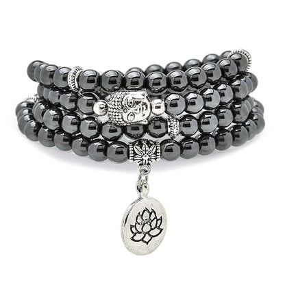 6mm 108 Mala Beads Bracelet, Yoga Zen Necklace with Buddha and Lotus Charm for Prayer - style: Hematite