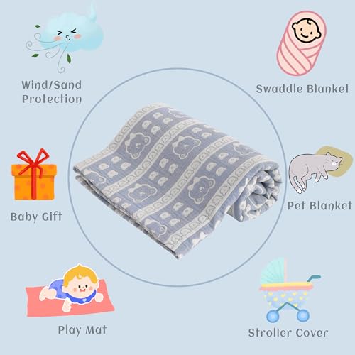 NTBAY 3 Layer Oversized Muslin Cotton Toddler Blanket, Jacquard Reversible Nursery Bed Blanket, Super Soft and Thermal for All Seasons, Baby Gift, 45"x60", Blue Bear - color: Blue Bear, size: 45x60 Inch (Pack of 1)
